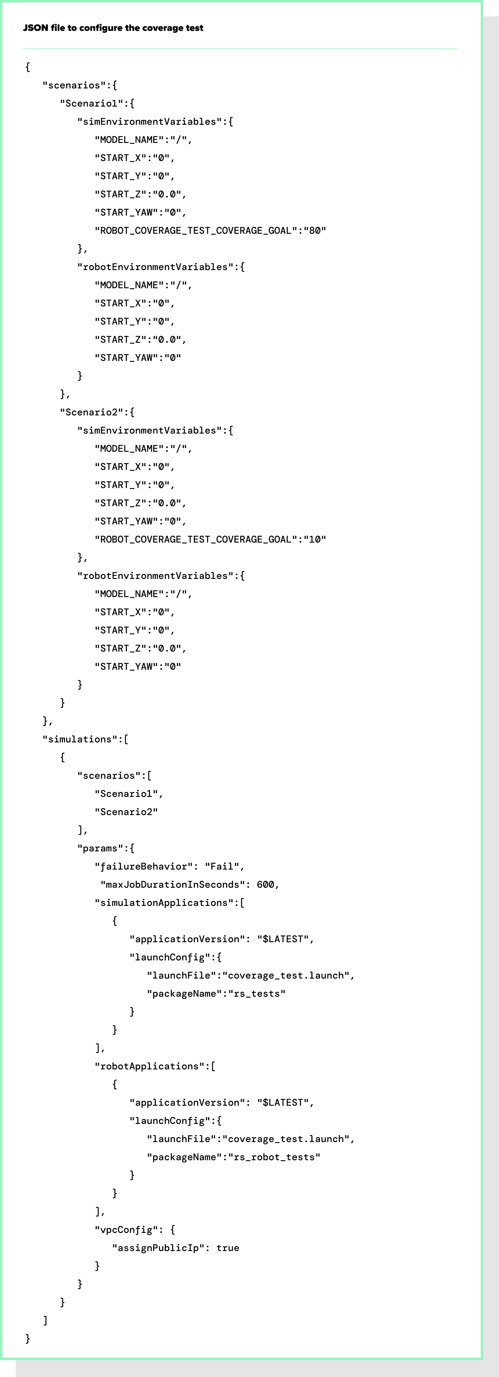 JSON file to configure the coverage test