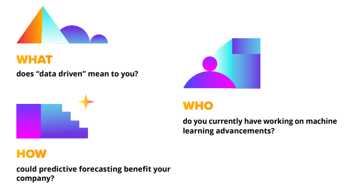 WHAT
does “data driven” mean to you?
WHO do you currently have working on machine
learning advancements?
HOW could predictive forecasting benefit your
company?